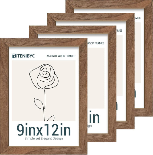9x12 Frame 4 Pack - Brown Woodgrain, HD Tempered Glass, Natural Walnut Picture Frame 9 x 12, Table or Wall Display
