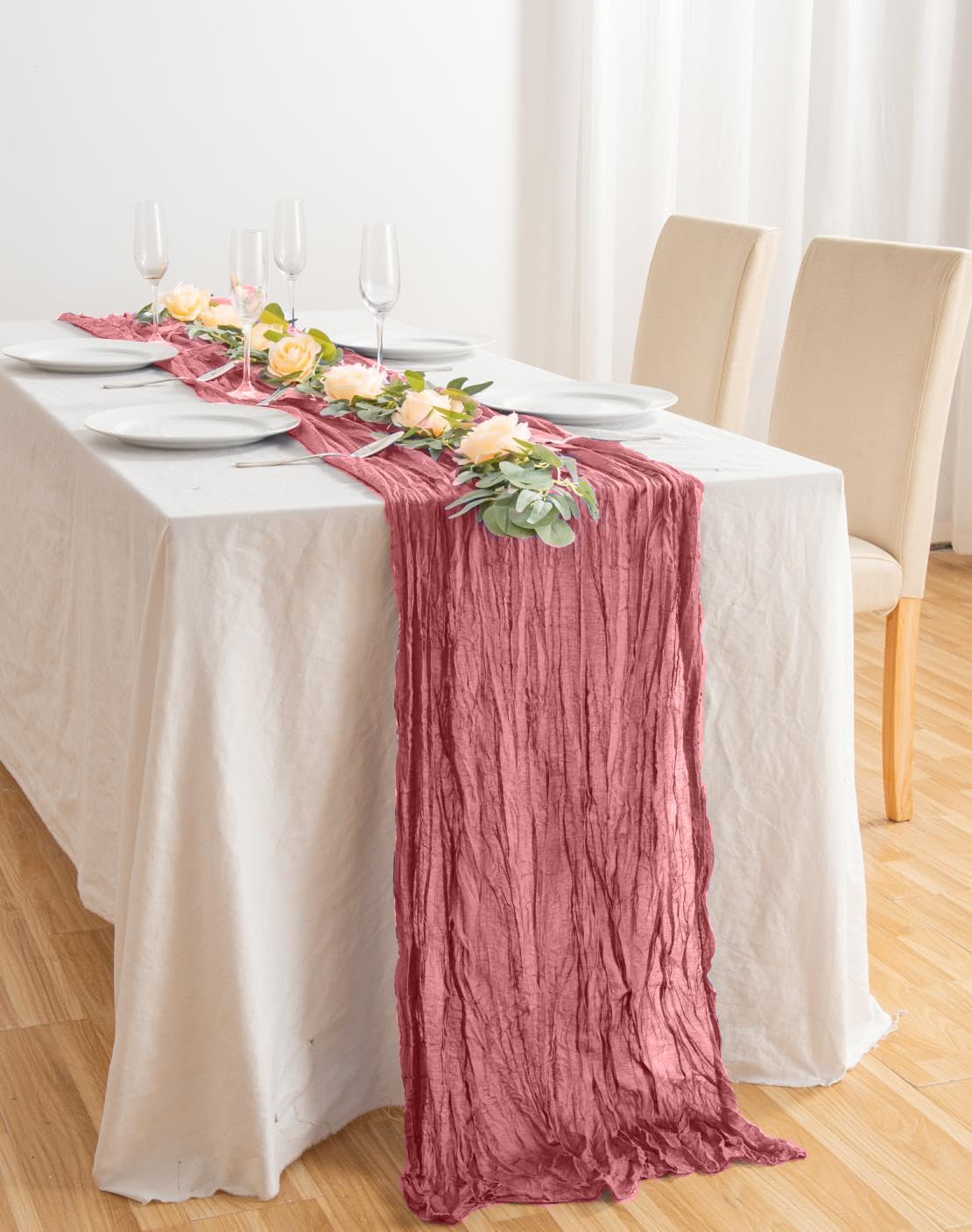 20 Pack Dusty Rose Cheesecloth Table Runner 17x108 Inch Boho Wrinkled Sheer Gauze Cheese Cloth Table Runner Bulk Romantic Decor for Wedding, Bridal Shower, Birthday Party