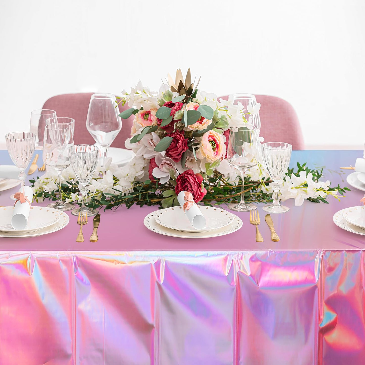 4 Pack Iridescent Pink Plastic Tablecloths, FunnyPars Shiny Disposable Laser Rectangle Table