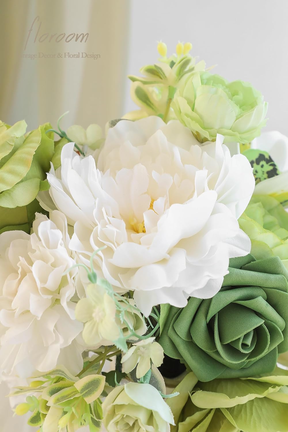 Floroom Olive Green White Artificial Flowers Fake Roses Peonies and Greenery Combo Box Set for DIY Wedding Bouquets Bridal Shower Centerpieces Floral Arrangements Party Tables Home Decorations
