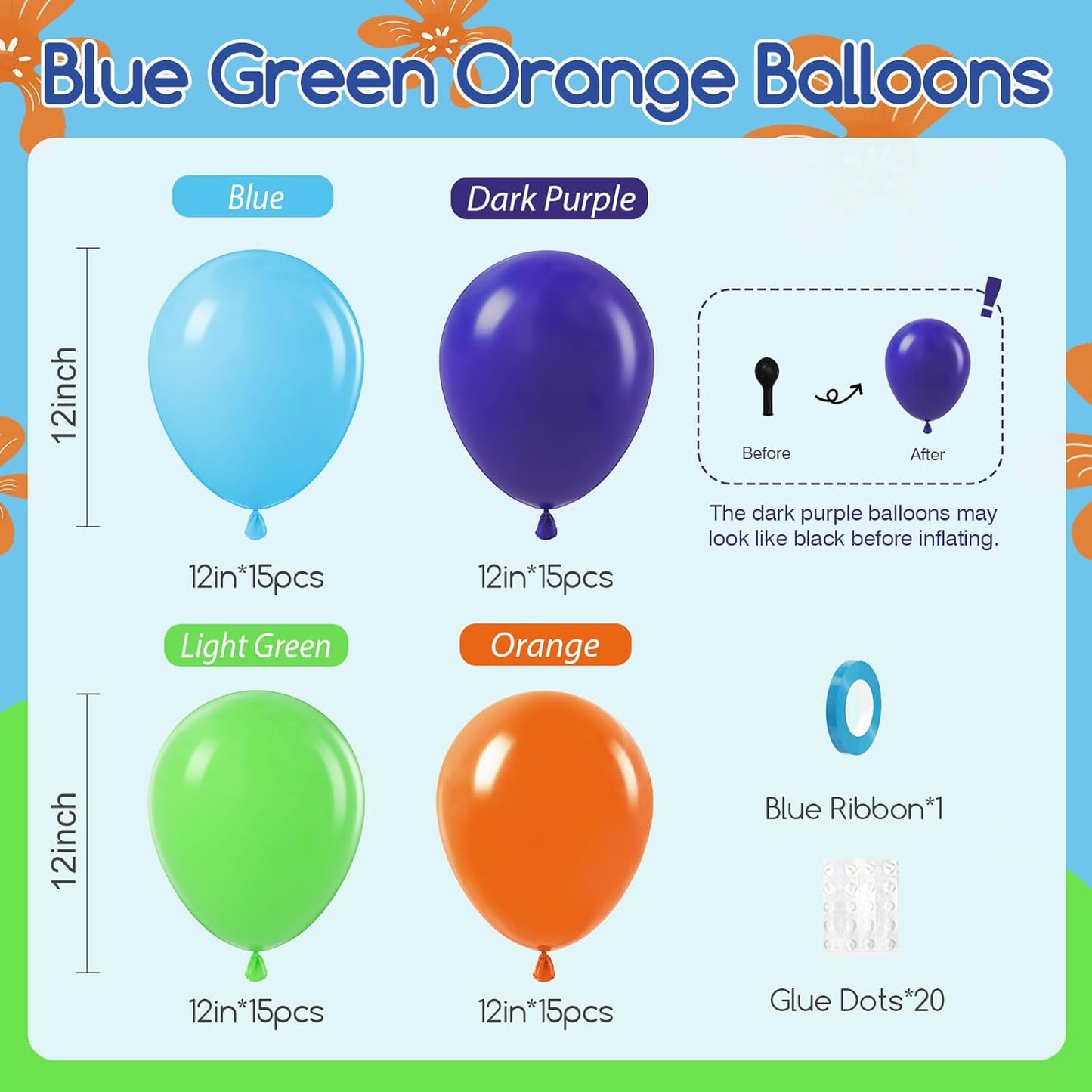 60pcs Blue and Orange Balloons 12inch with Purple Light Green Orange Blue Balloons for Cartoon Dog Themed Baby Shower Birthday Party Decorations