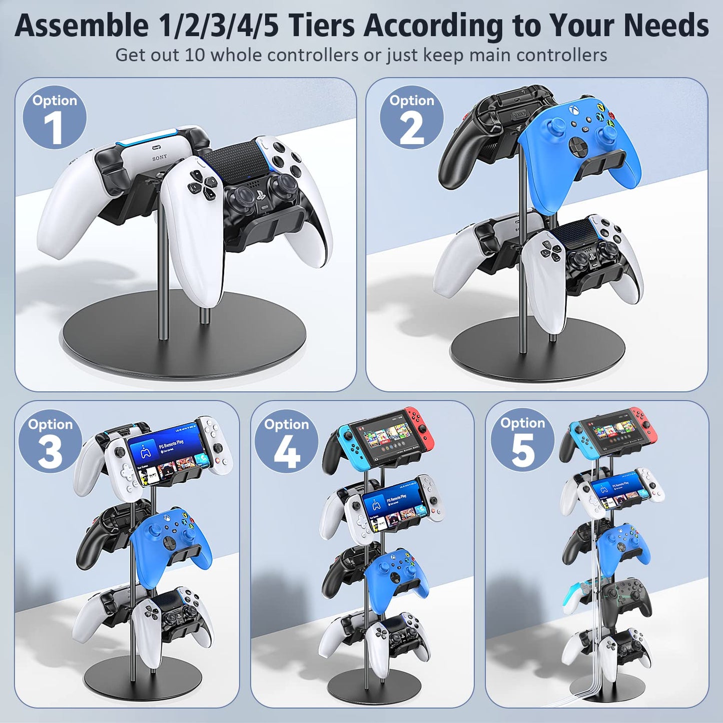 Kytok Gamer Gifts, Headset Stand 5 Tiers with Cable Organizer, Controller Stand Compatible with PS5/Xbox/Nintendo Switch/PS Portal/PS4, Headset Holder & Controller Holder for 10 Packs Controller