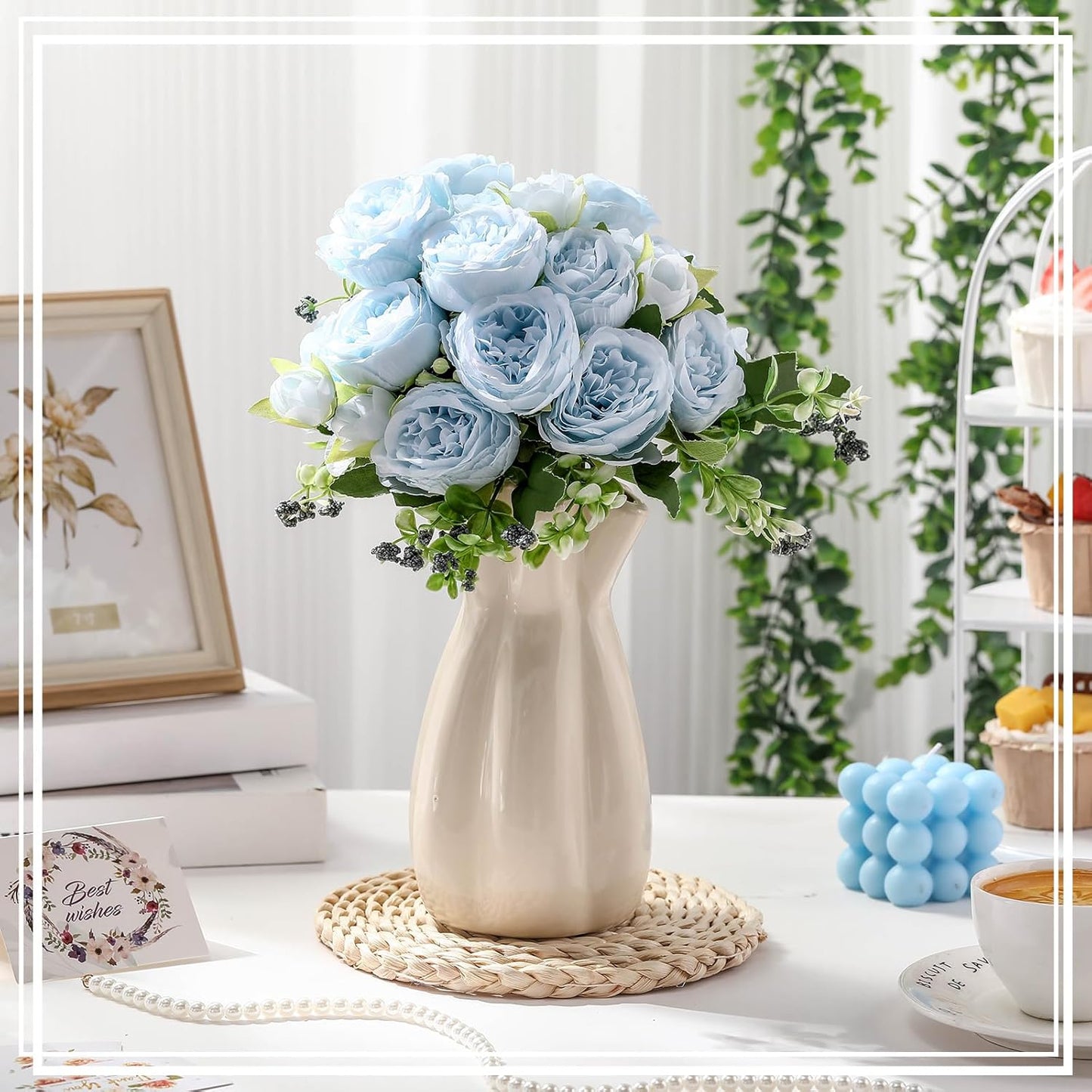 8 Bundles Artificial Peonies Flowers Boho Faux Flowers Arrangements Artificial Centerpiece Spring Bouquet Floral Wedding Decoration for Vase(Blue)