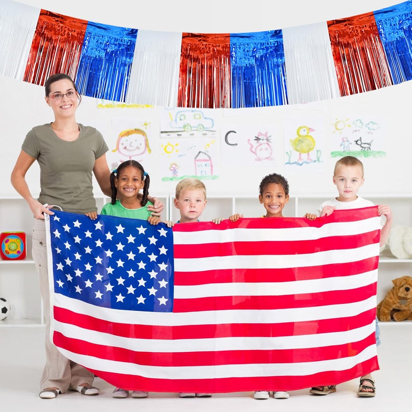 BEISHIDA 3 Packs Metallic Foil Fringe Garland Red White Blue Wall Hanging Tinsel Fringe Banners for Floats Birthday 4th of July Memorial Day Patriotic New Year Party Decoration(30 Feet)