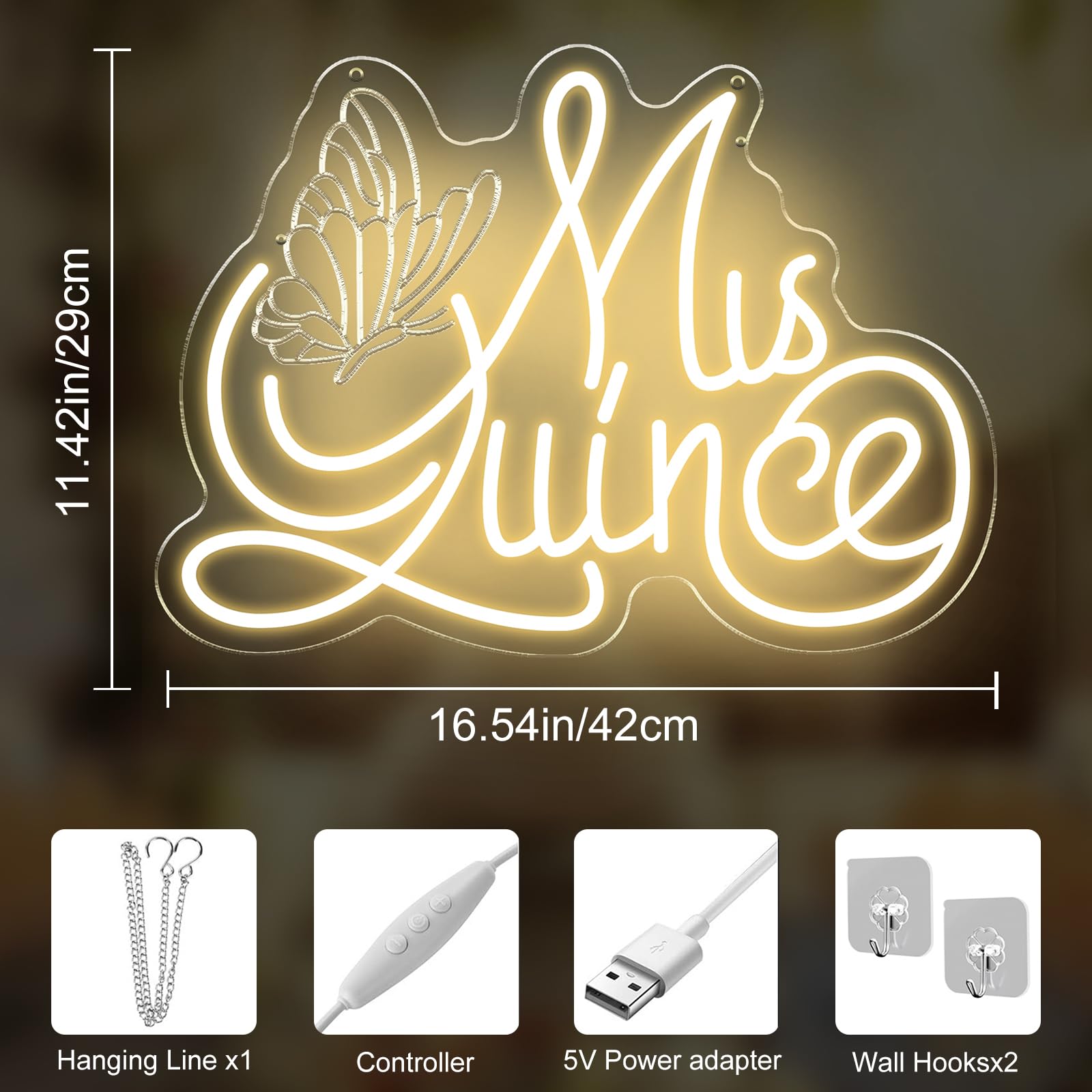 Mis Quince Neon Sign with Engraved Butterfly Design for Quinceanera Decor