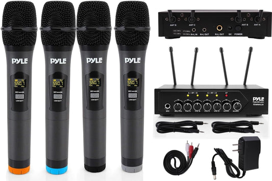 Pyle Wireless Microphones, Professional UHF Dual Microphones for Karaoke, Wireless Dynamic Microphone System Set with Rechargeable Receiver,Plug and Play, Speech, Wedding, Church, PA System