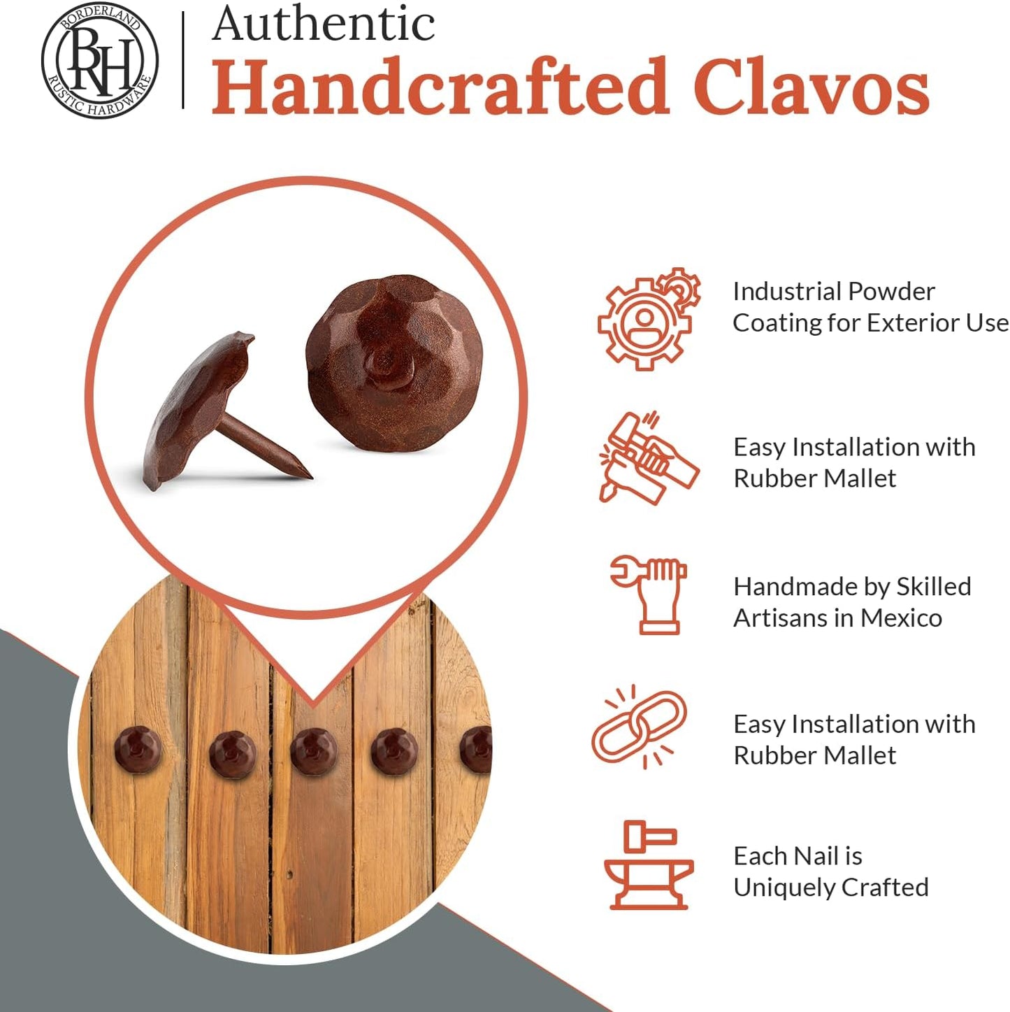 10 Pack 1" Small Round Head Iron Clavos Decorative Nails – Sealed Rusted – Handmade Rustic Round Fasteners for Farmhouse Shutter, Faux Wood, Barn Door, Shutters, and Gates – Ornamental Wood Accent