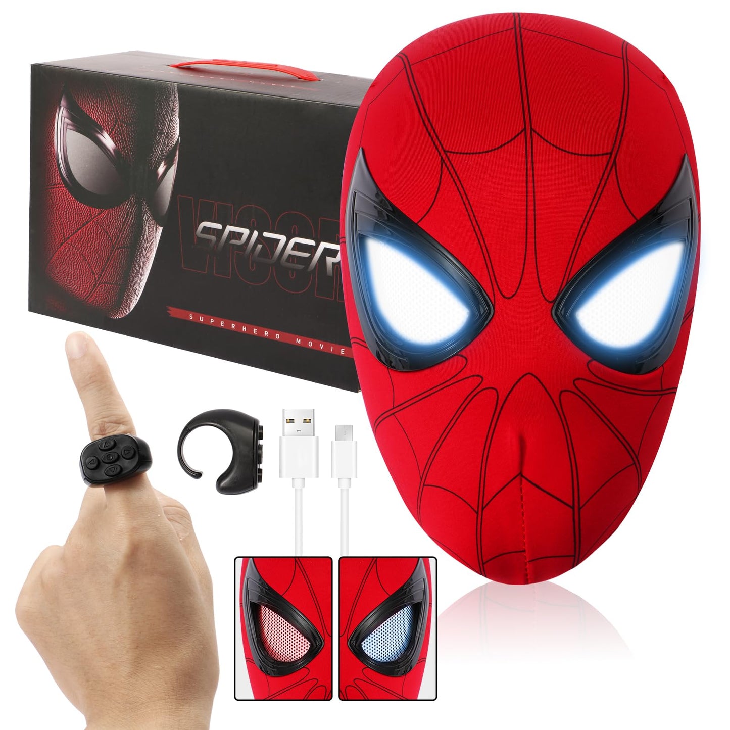 Shampoer Spider Superhero Dynamic Mask - Remote LED Light & Moving Mech Eyes for Immersive Hero