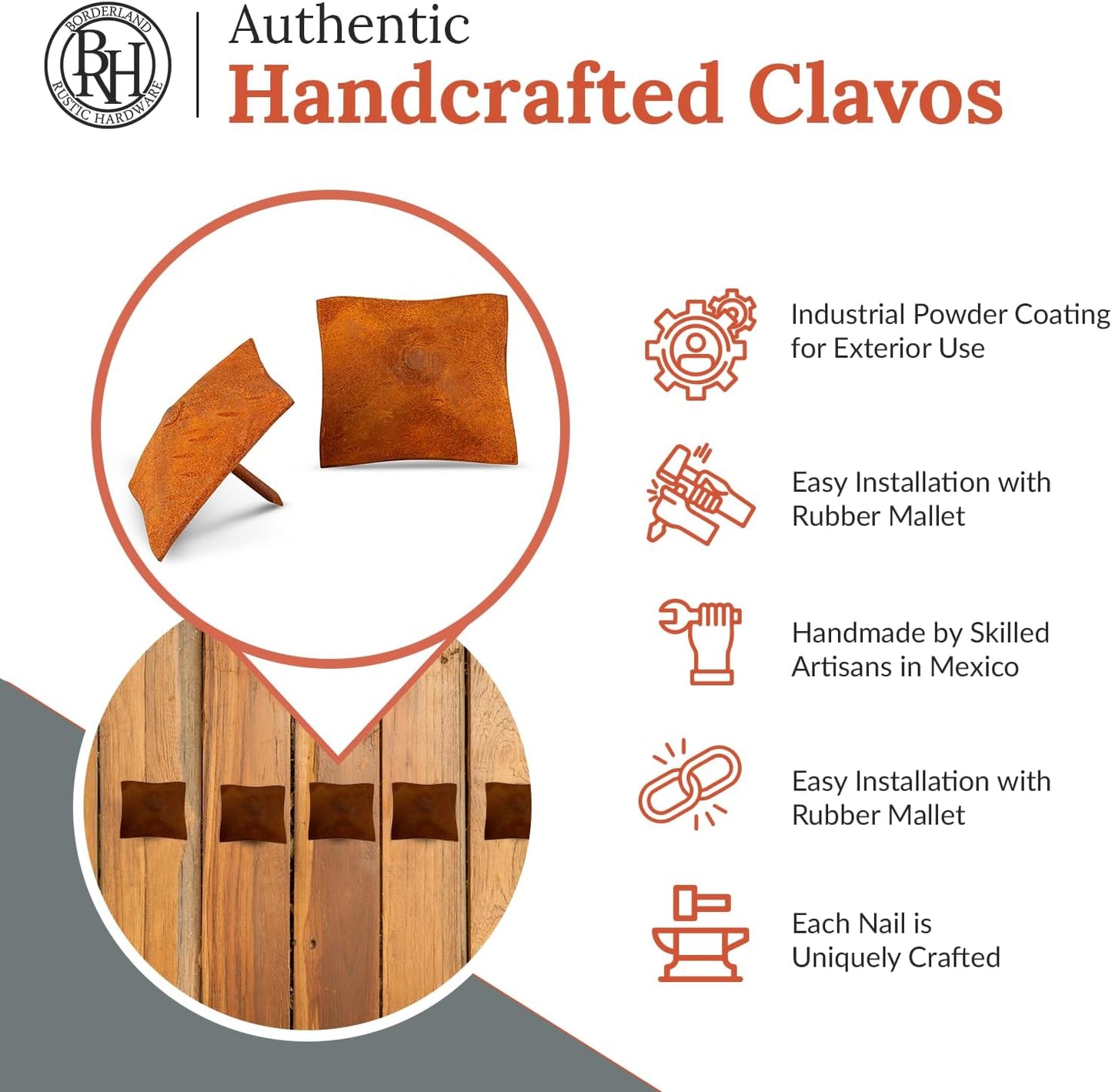 50 Pack 2" Square Head Iron Clavos Decorative Nails – Rusted – Handmade Rustic Square Fasteners for Farmhouse Shutters, Faux Wood Beams, Barn Doors, Shutters, and Gates – Ornamental Wood Accent