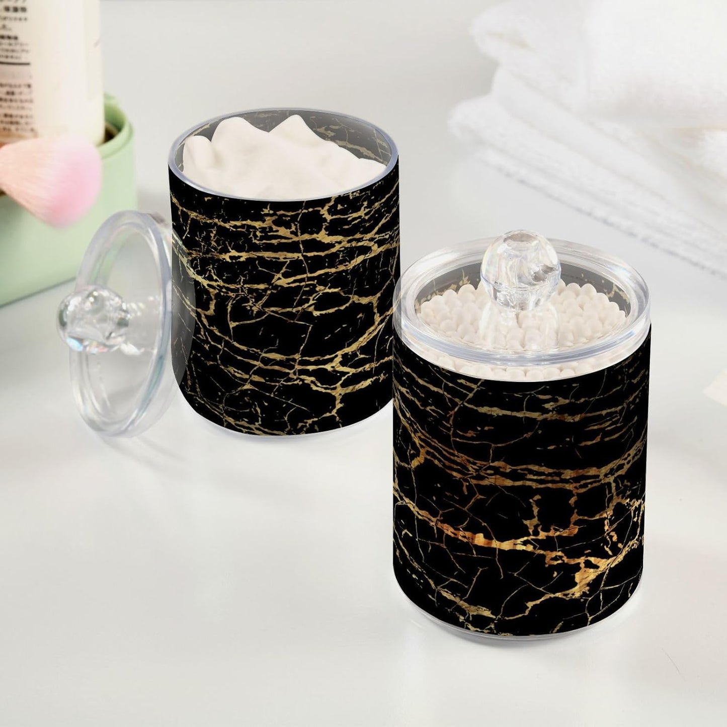 Qtip Holder Dispenser 2 Pack Gold Black Marbling Bathroom Decorative Storage Canister Holder Counter Vanity Organizer for Cotton Ball Swabs Pads Floss