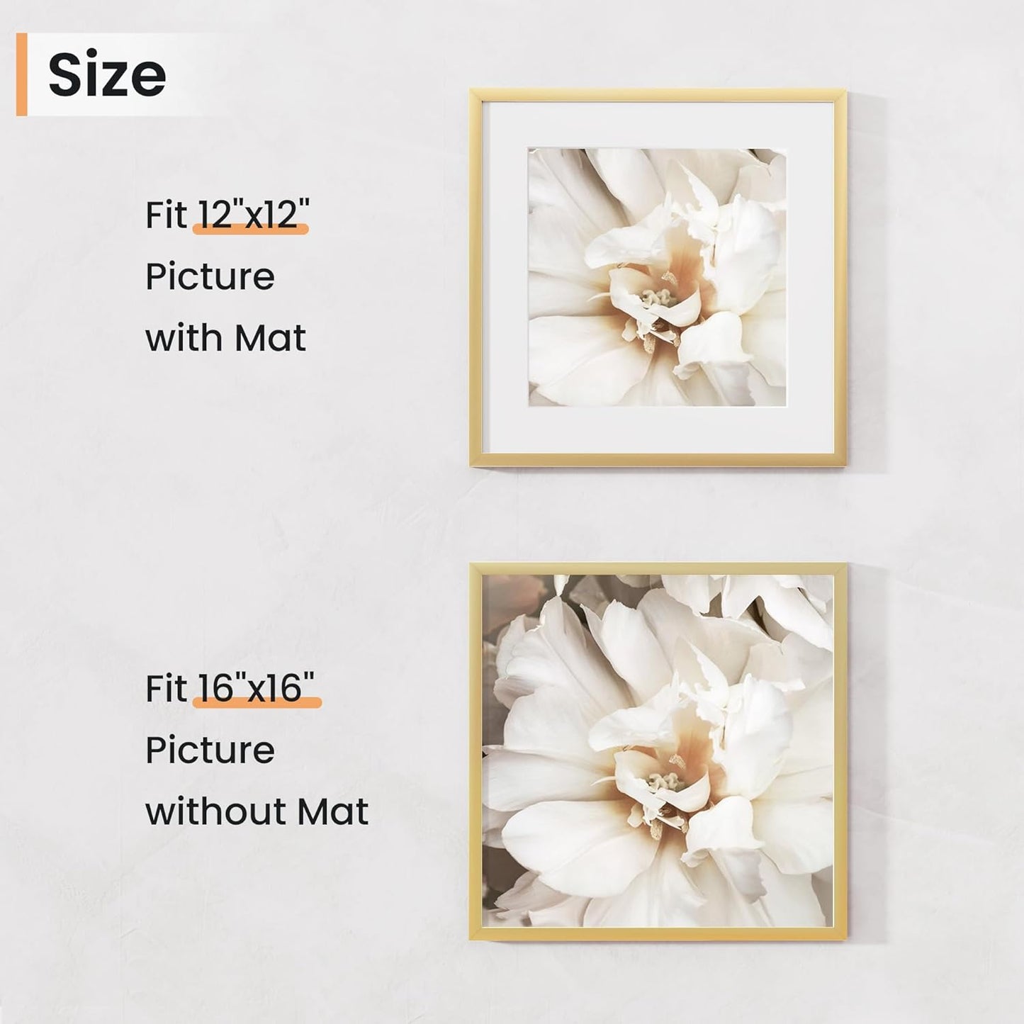 16x16 inch Picture Frame, 16x16 Photo Frames with 12x12 Removable Mat - High Definition Plexiglass - Vertical and Horizontal Display - Wall Hanging Frame - Gold, 3 Pack