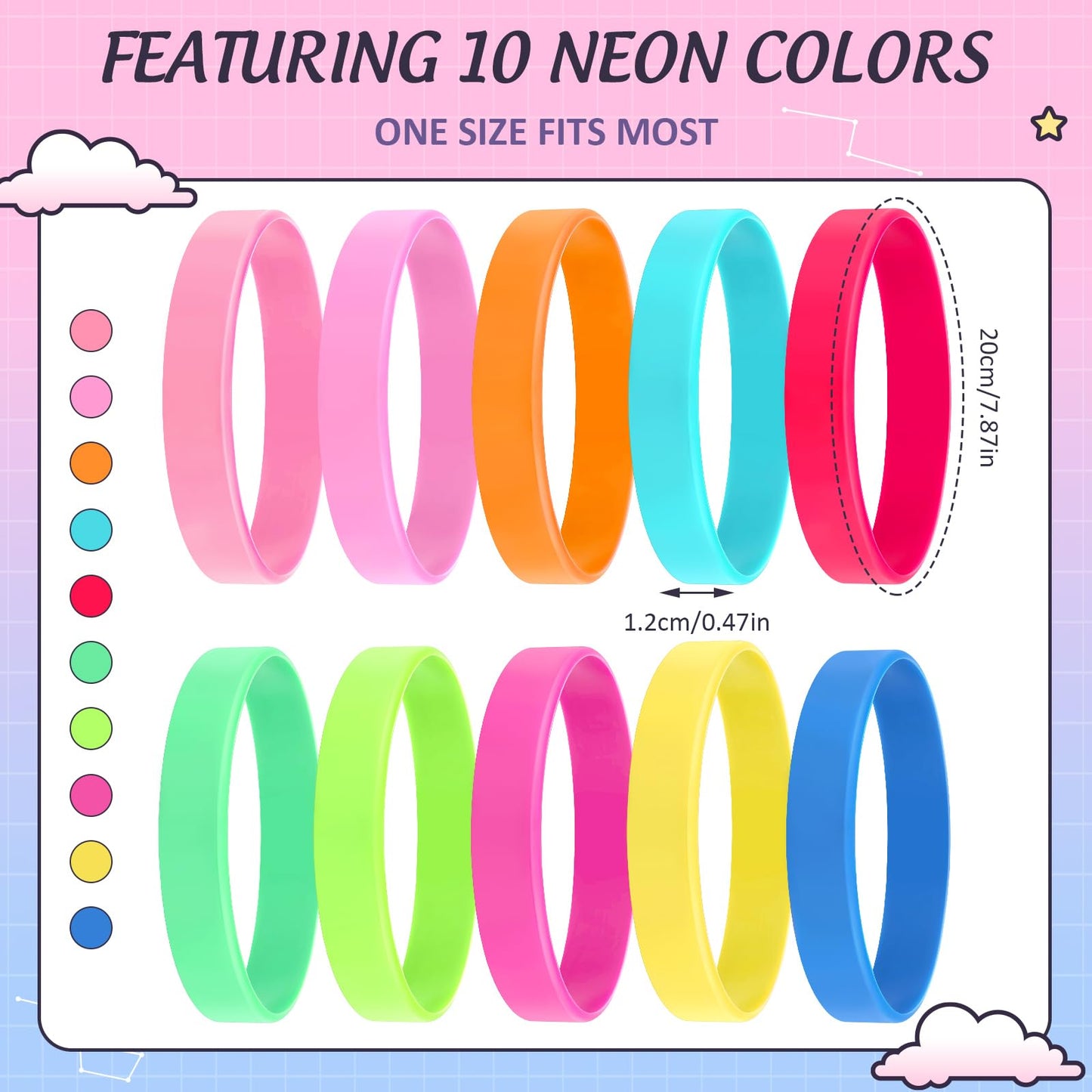 Shappy 50 Pcs Glow in the Dark Rubber Bracelets Neon Silicone Bracelets Bulk Luminous Colored