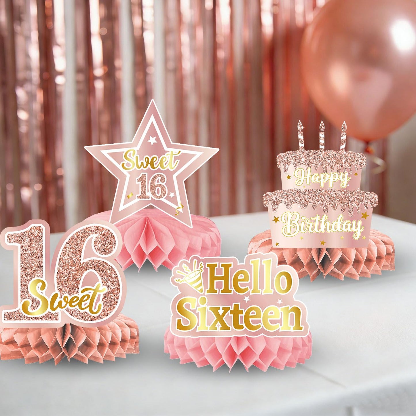 Sweet 16 Party Decorations – 16th Birthday Decorations Backdrop, Banner, Honeycomb Centerpieces