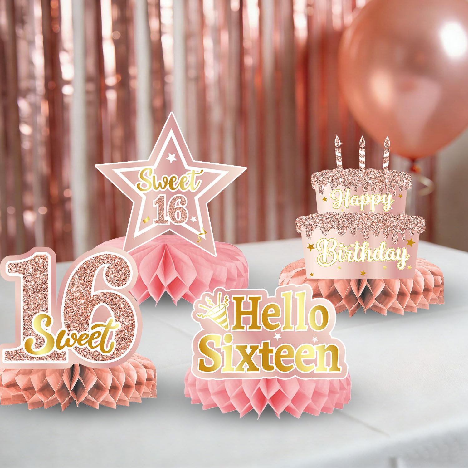 Sweet 16 Party Decorations – 16th Birthday Decorations Backdrop, Banner, Honeycomb Centerpieces