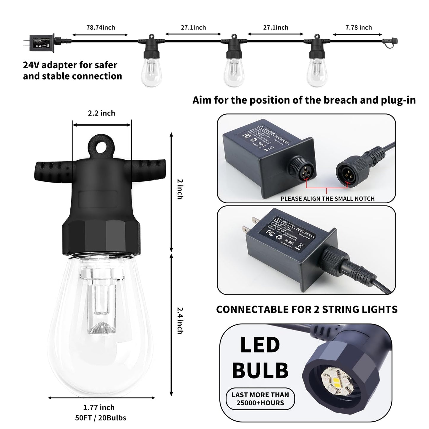 CAWWS Outdoor String Lights 50FT, Color Changing Patio Lights, Waterproof