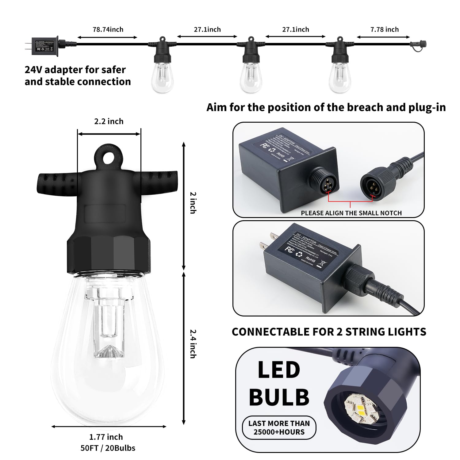 CAWWS Outdoor String Lights 50FT, Color Changing Patio Lights, Waterproof