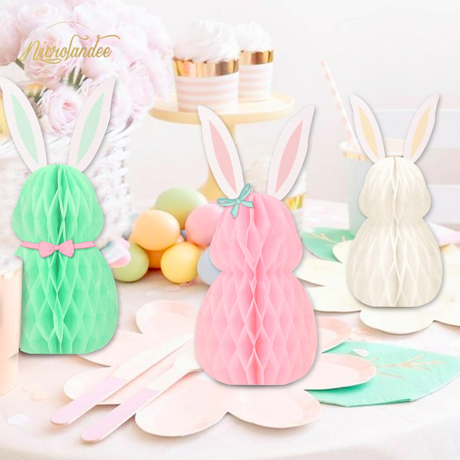 NICROLANDEE Easter Decorations - 3Pcs Mini Easter Bunny Family Honeycomb DIY Table Centerpiece Set