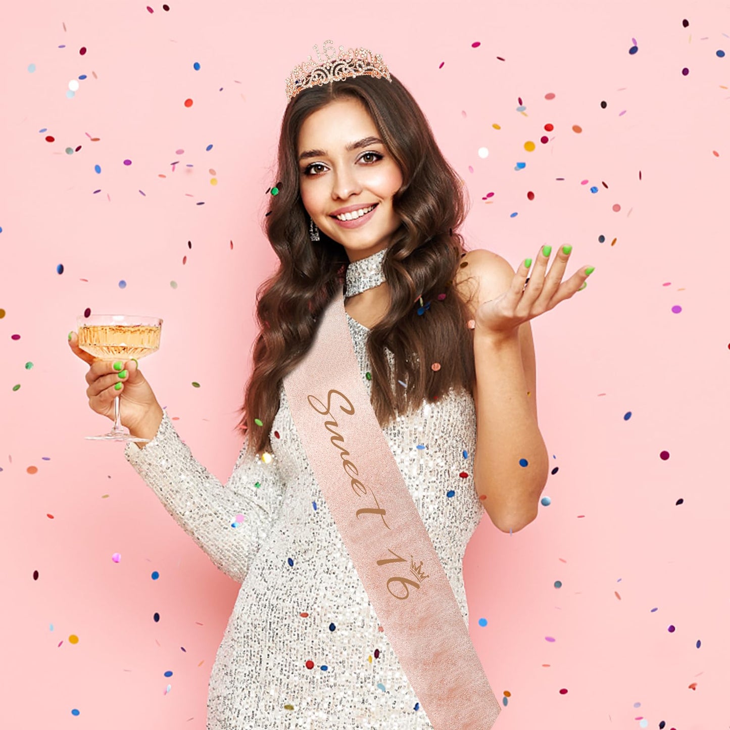 Semato Sweet 16 Party Decorations Set - 16th Birthday Crown and Sash Glitter Kit for Girls Party