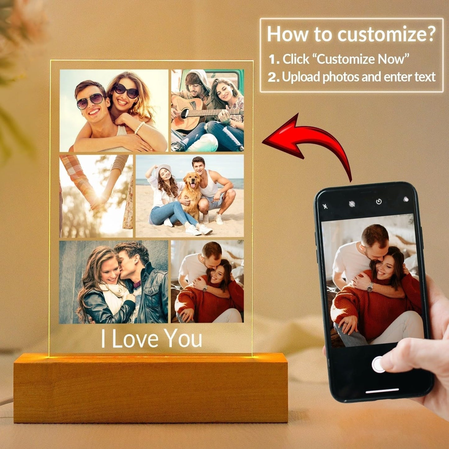 Custom Picture Frames with Photo, Personalized Photo Frame with Night Light, Customized Picture Frame, Personalized Anniversary Birthday Gifts for Women Men Her Him Girlfriend Boyfriend