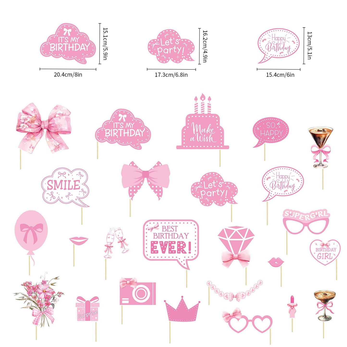 Pink Bow Party Decorations Photo Booth Props Signs,25pcs Pink Bow Birthday Decorations Selfie Props