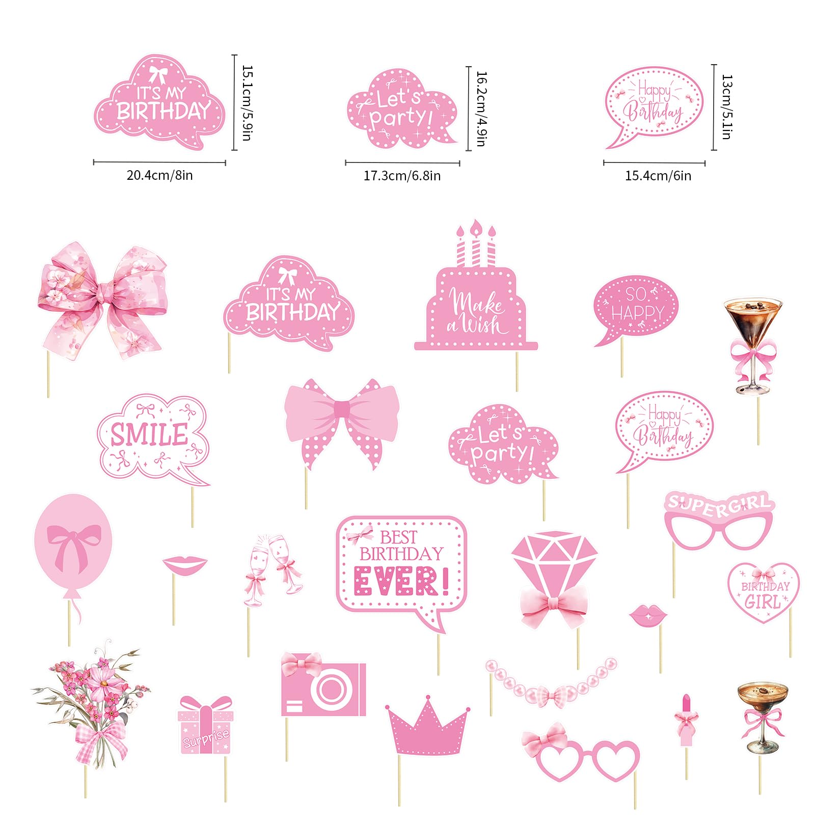 Pink Bow Party Decorations Photo Booth Props Signs,25pcs Pink Bow Birthday Decorations Selfie Props