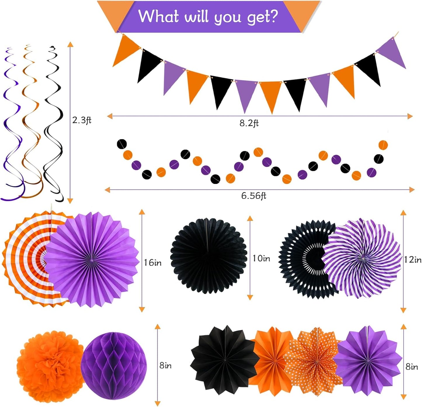 Halloween Party Decorations Paper Fans, Graduation Season Hanging Glitter Triangle Flags Banner Hanging Paper Fan Happy Birthday Banners and Triangular Flag, Bridal Shower,Purple Themed Birthday