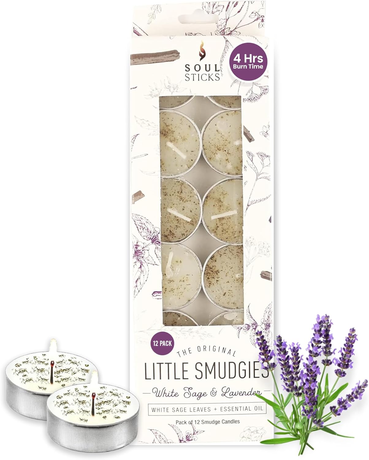 SOUL STICKS 12 Pack Little Smudgies Tealight Candles Smudge Candle for Cleansing House, Meditation, Chakra Healing | Made with Crystals and Herbs (White Sage & Lavender)