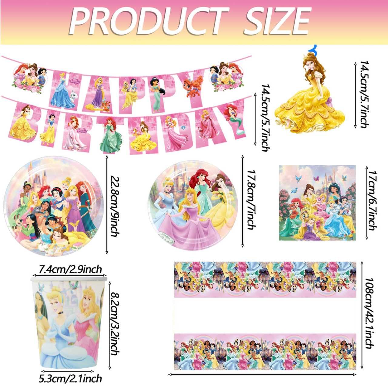 88PCS Disne Princess Birthday Decorations:40 Plates (9 inch + 7 inch), 20 Napkins, 20 Cups, 1