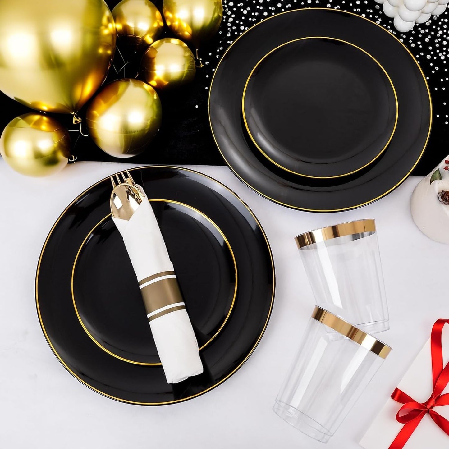 KIRE 350 PCS Plastic Dinnerware Set for 50 Guests - Black and Gold Plates 50 for Dinner 50 for Dessert & 50 Pre Rolled Napkins with Disposable Silverware 50 Cups for Halloween Party/Banquet/Wedding