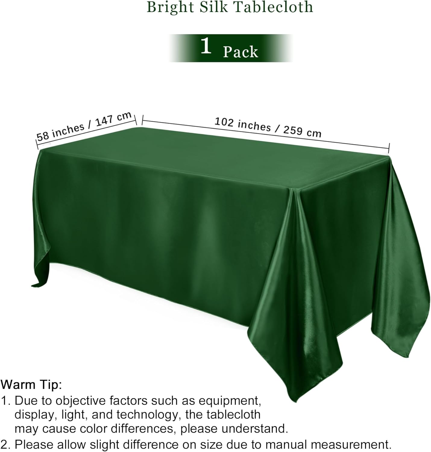 TURSTIN 1 Packs Dark Green Satin Tablecloth 102 x 58 Inch Overlay Satin Table Cover Rectangle Bright Silk Tablecloth Smooth Fabric Table Decoration for Wedding Banquet Party Events