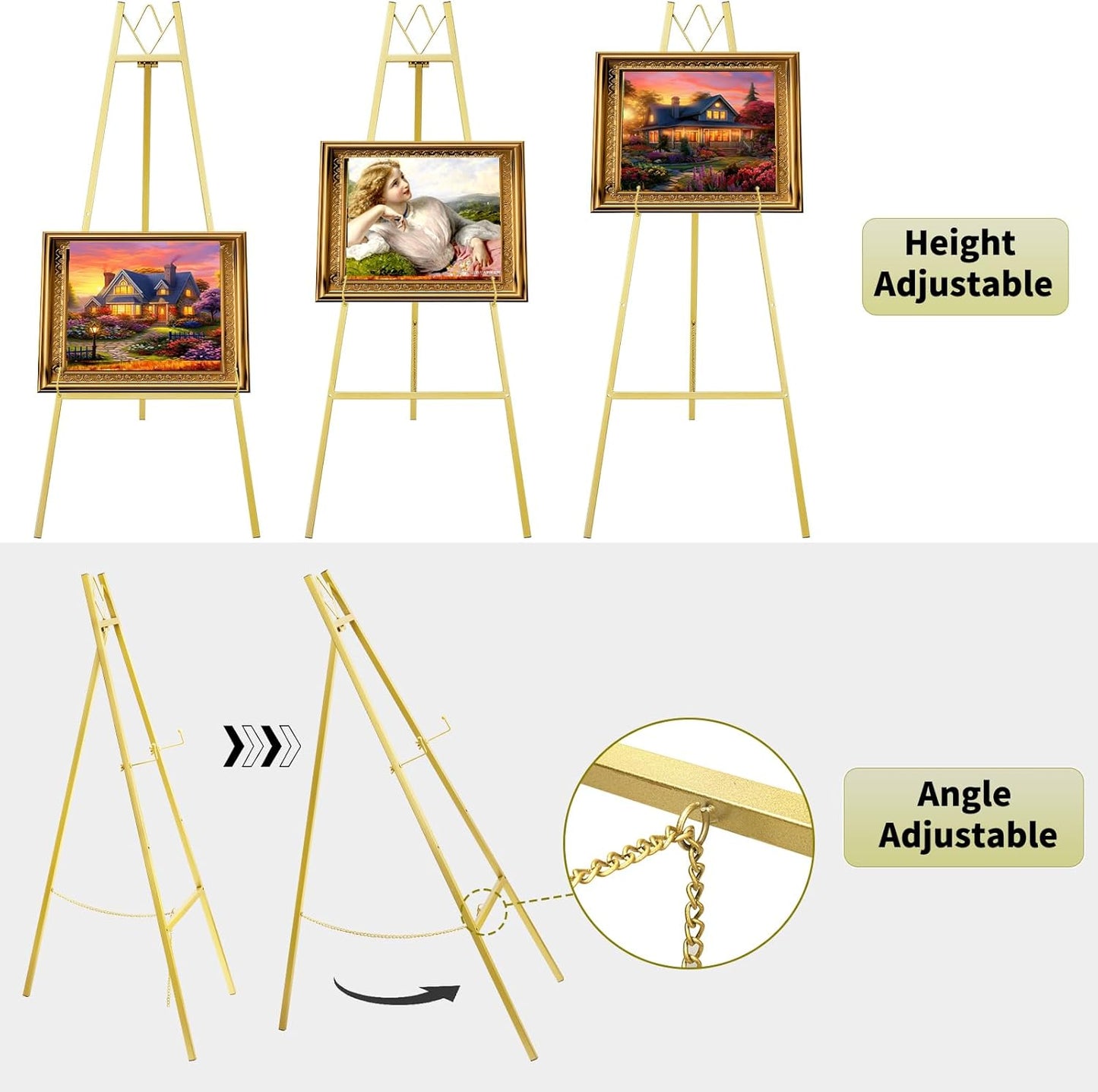 GRENTY 46.7" Gold Easel Stand for Wedding Signs ??No Assembly Needed, Heavy Duty Metal Display Stand for Art, Welcome Signs, Posters, Pictures, Paintings, and Floor Décor