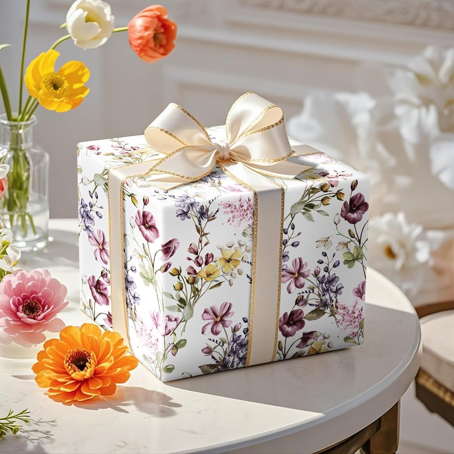 RUSPEPA Floral Wrapping Paper Roll Women Girls, Mini Roll, Watercolor Wild Flower with Delicate Leaf Gift Wrap Paper for Wedding, Birthday, Mother's Day, Spring, Bridal Shower, 17 Inch X 16.4 Feet
