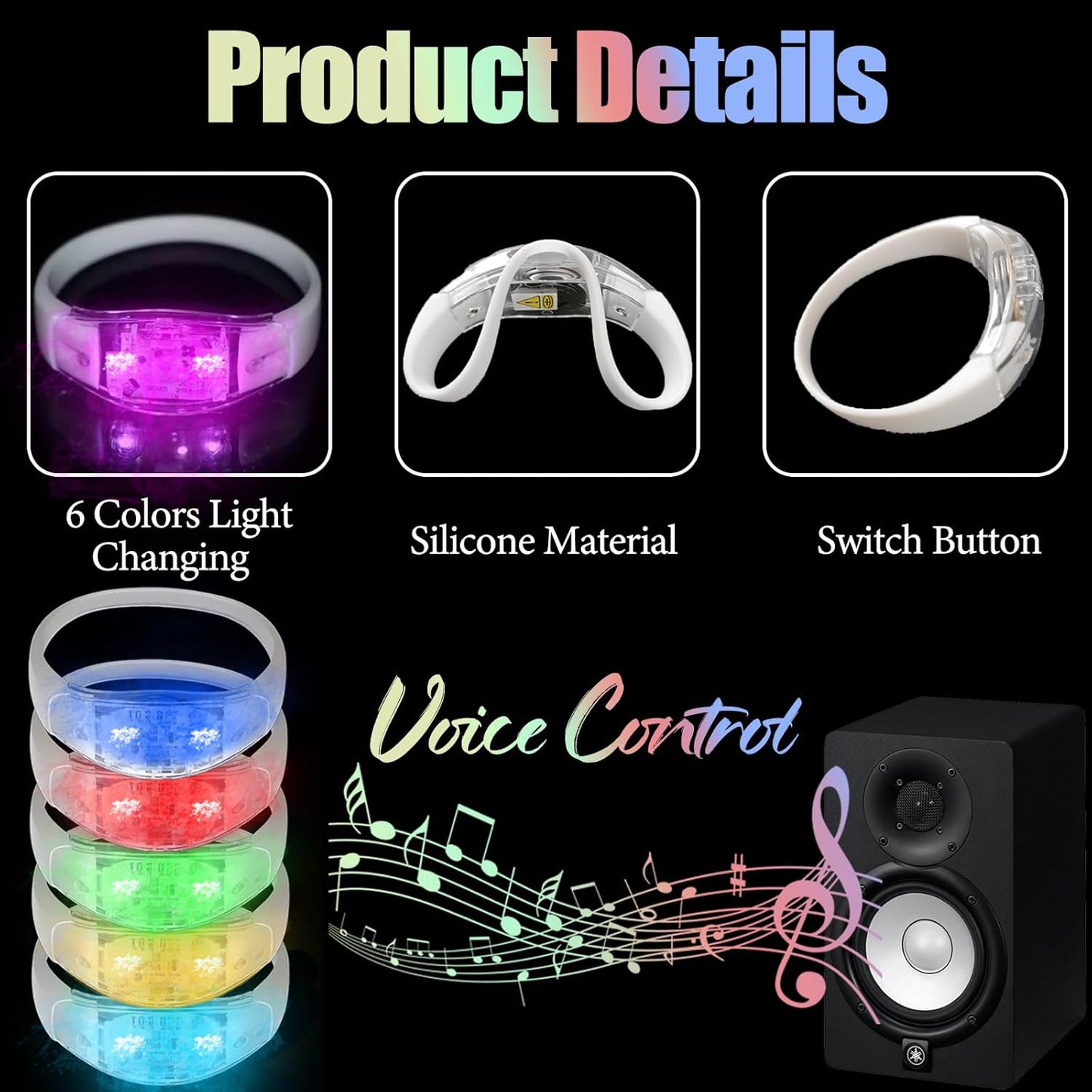 100 Pcs LED Bracelets Sound Activated with Flashing LED Strobe Music Control Light Up Bracelets for Rave, Game Prizes, Birthday Party Favor,Valentine's Day gift