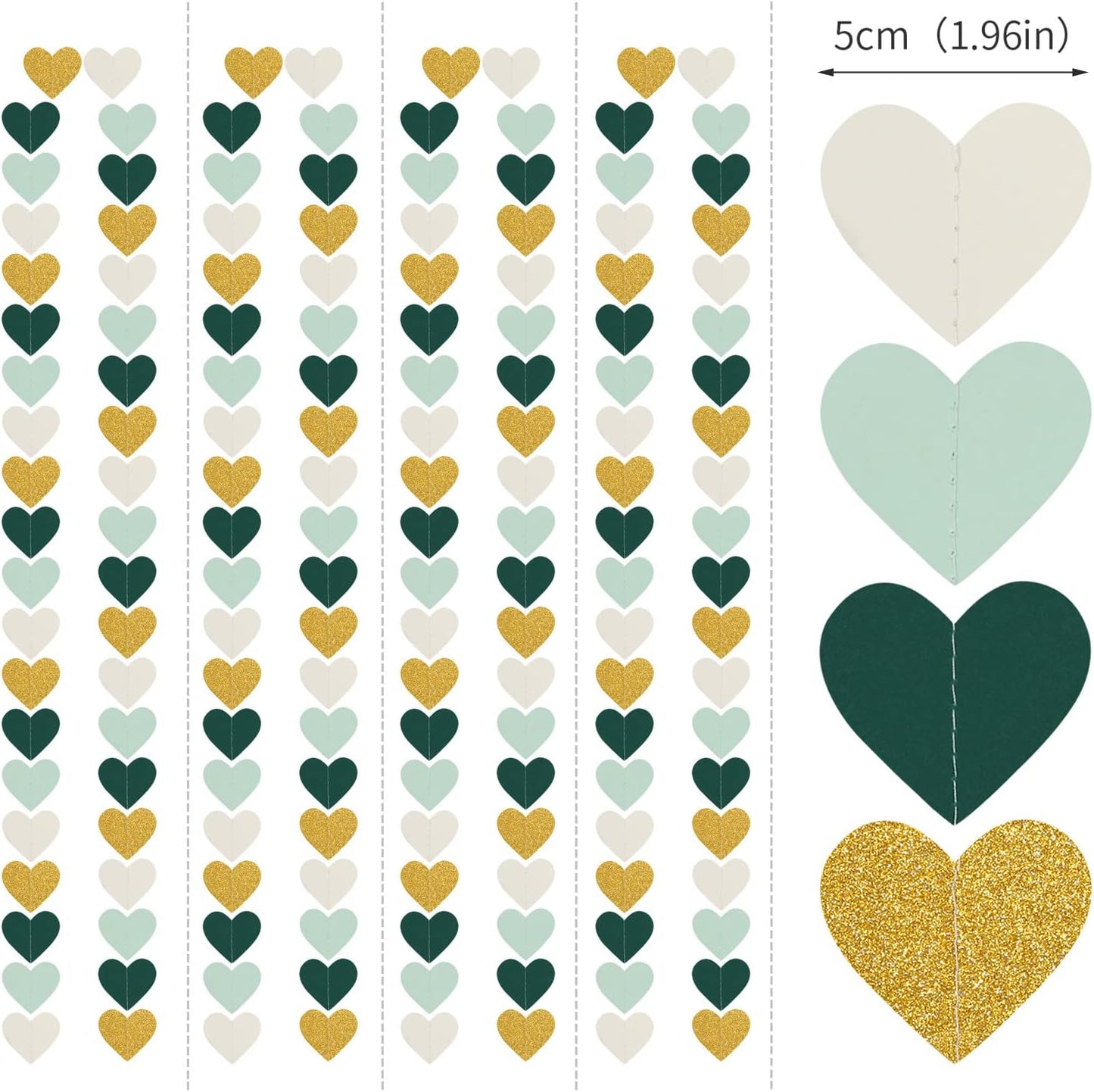 Sage-Green Mint Beige-Gold Love-Heart Garland - 52Ft Rustic Wedding Hanging Decoration Streamers Banner, Baby Safari Birthday Bachelorette Bridal Shower Engagement Valentines Party Decor Panduola