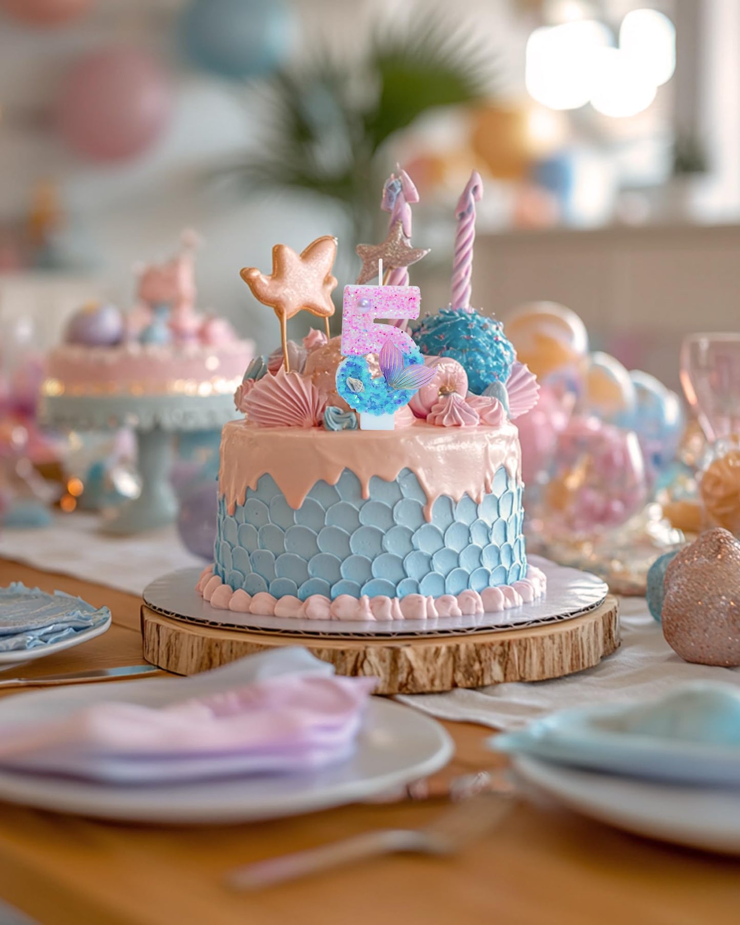 Mermaid Themed Birthday Candles, Number 5 Girls Glitter Birthday Party Supplies,Anniversary Party
