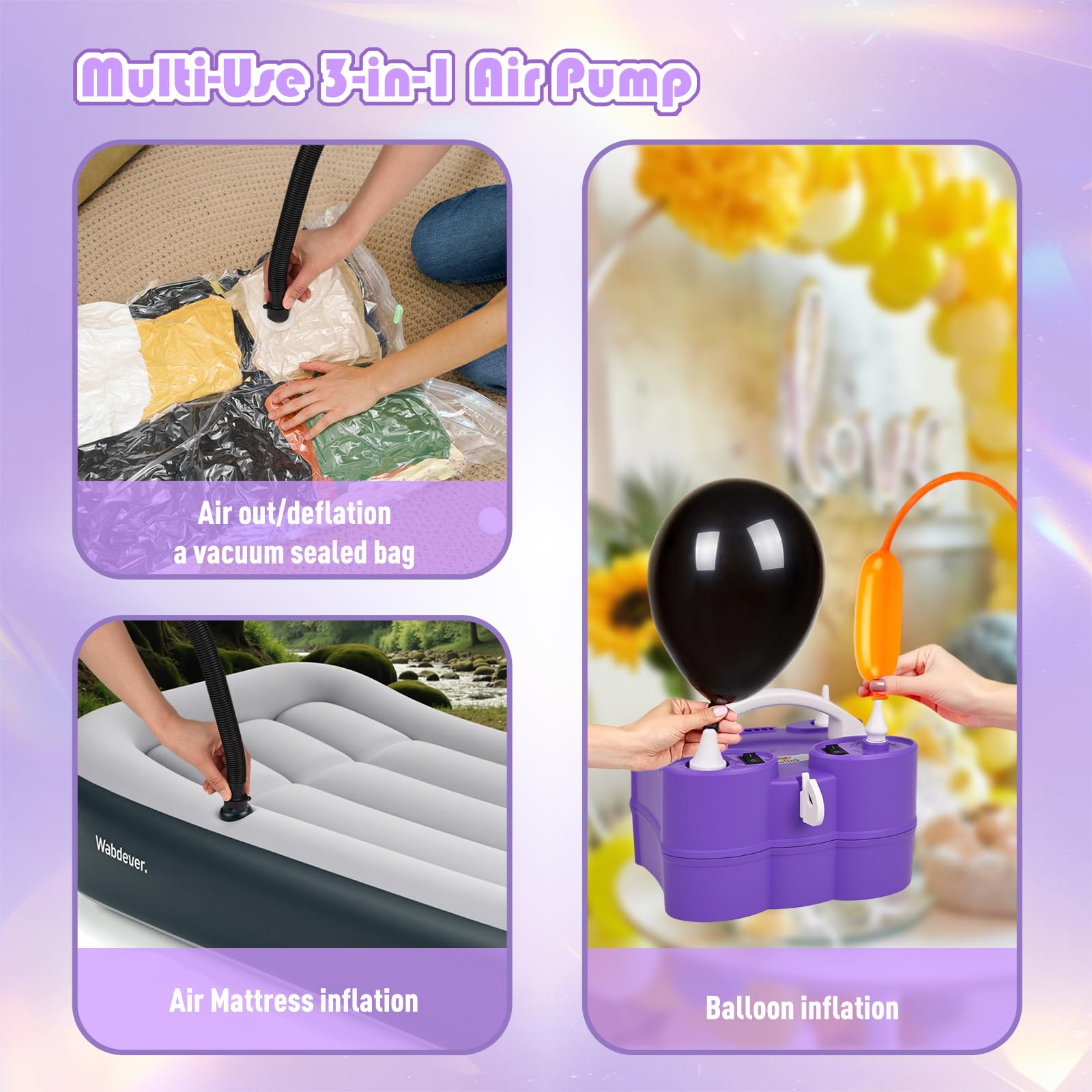 NuLink Balloon Pump 3-in-1 Electric Air Pump Dual Nozzle Blower for 260q Foil Latex Mylar Balloon