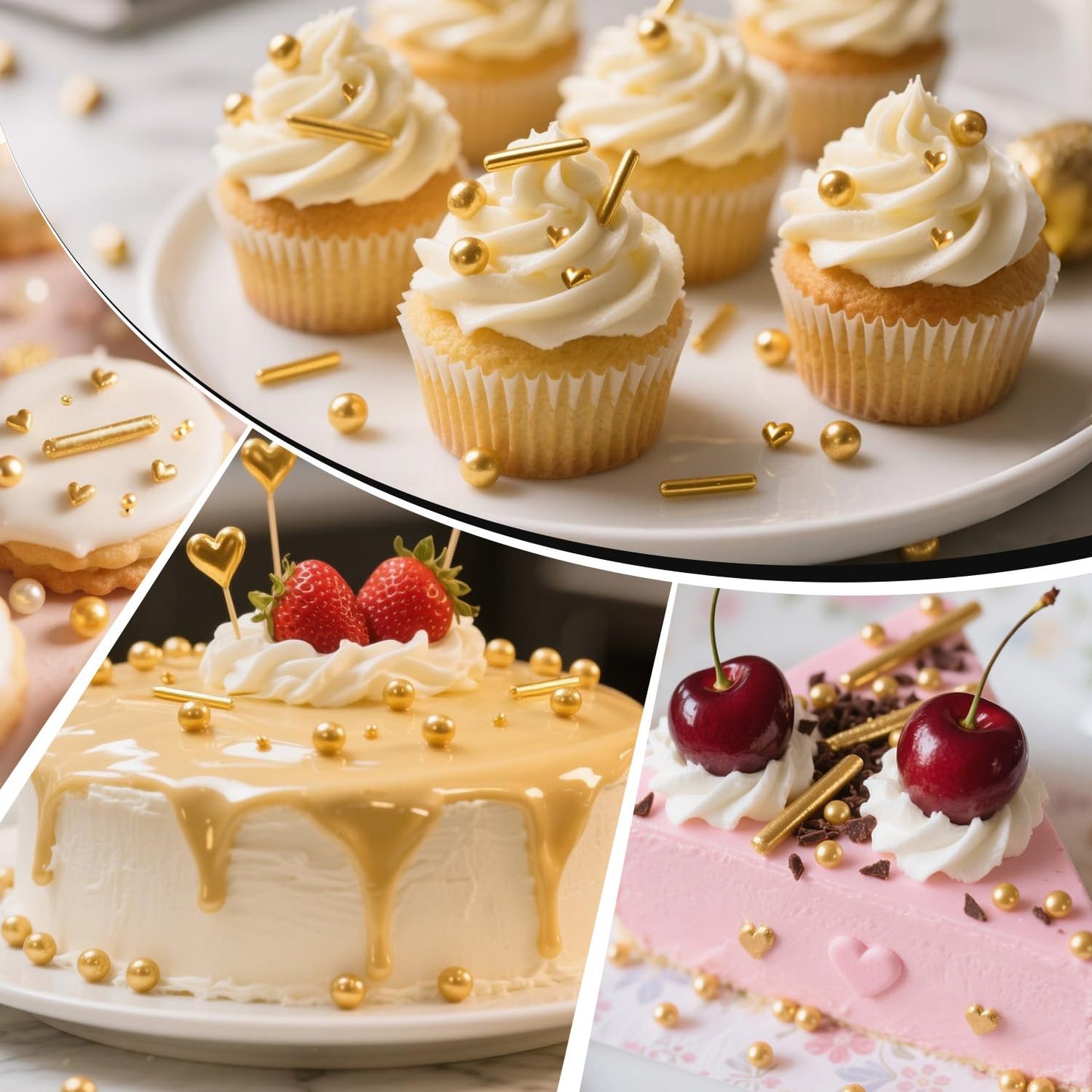 Gold Pearl Heart Sprinkles, Pearls Sprinkles For Cake Decorating, 150g/5.29oz Mix Size Sugar, Donuts, Cakes, Ice Cream, Mother's Day, Valentine's Day, Wedding Party, Christmas Supplies