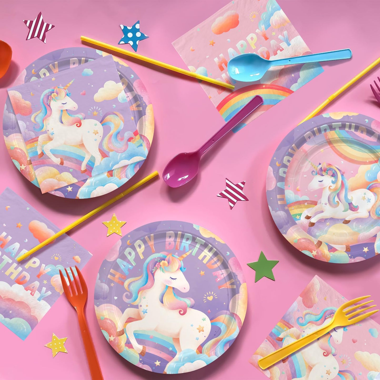 birthday Party Supplies Kit for 24 Guests - for Unicorn Birthday Decorations, Includes Dinner &