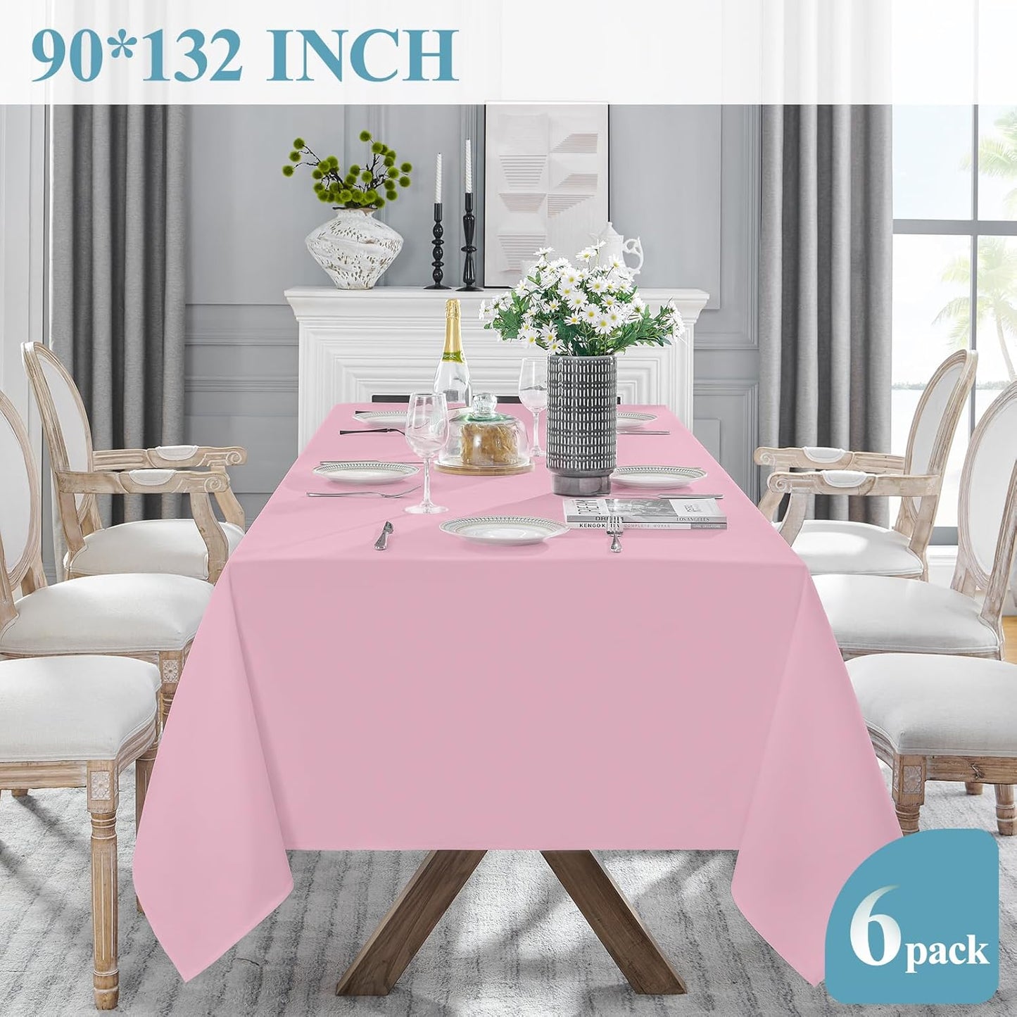 VidaFete Tablecloth 6 Pack 90 * 132inch Rectangle Table Cloth Polyester, Stain Wrinkle Resistant Polyester Dining Table Cover for Kitchen Dinning Party Wedding Rectangular Buffet Decoration(Pink)