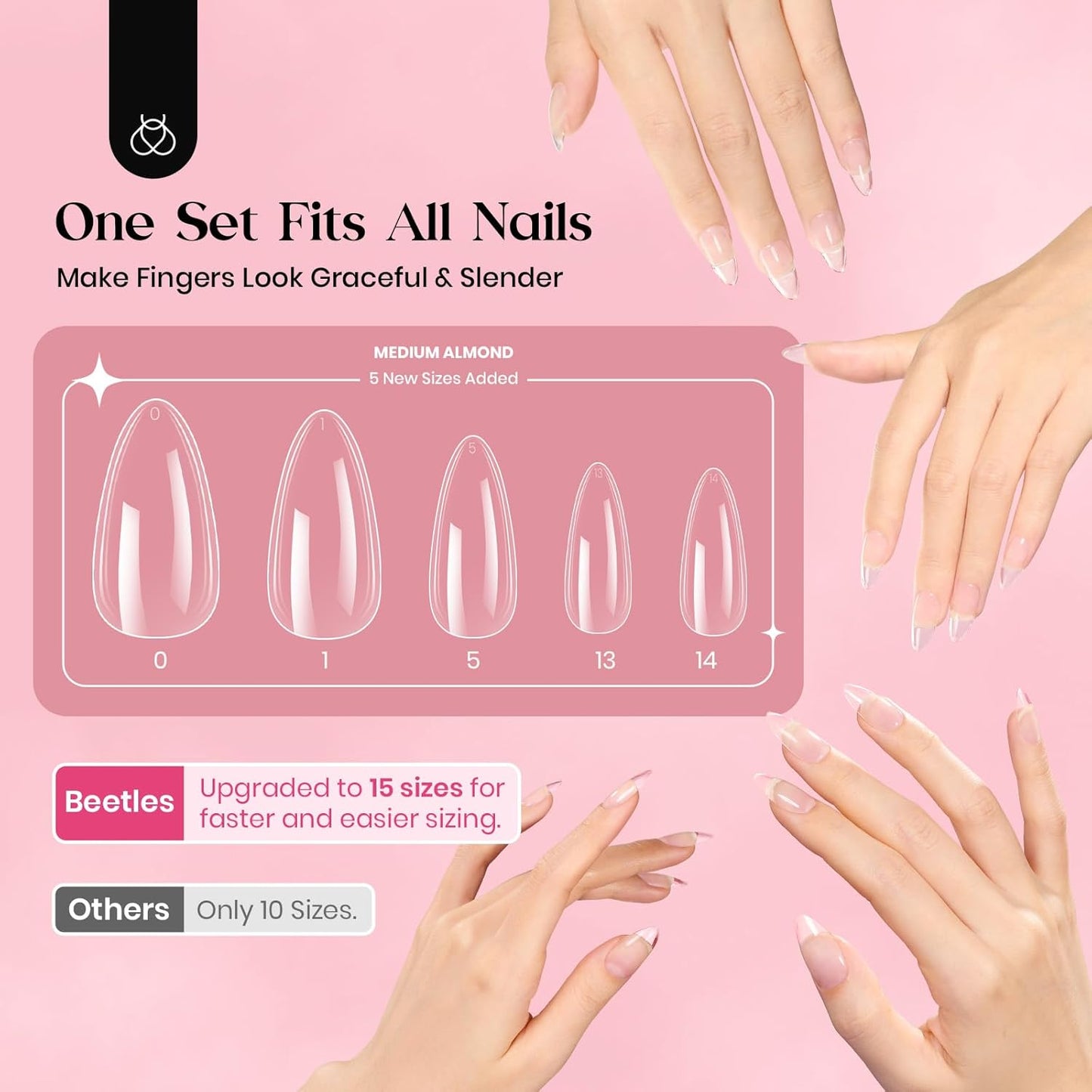 Beetles Gel Nail Kit, 300Pcs Almond Medium Nail Tips with Solid Nail Gel Glue,15 Sizes Soft Clear Nail Tips with Base Coat, Handheld Nail Lamp, Easy Nail Extension Set DIY Manicure Art Gift for Girls