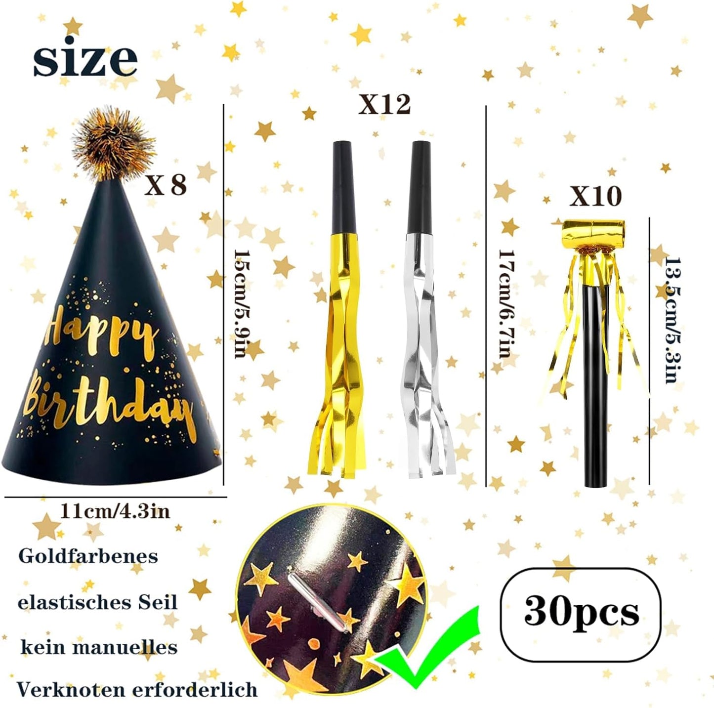 34 Pcs Birthday Party Hats - Gold Cone Hats Including 12 Paper Hats and 22 Noise Makers