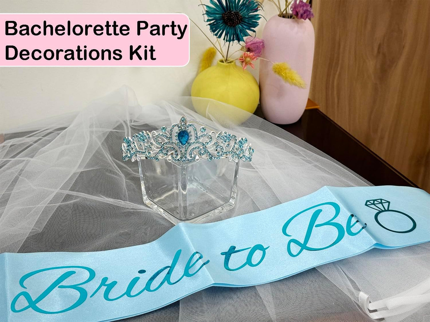 JETKONG 3 Pcs Bachelorette Party Decorations Bridal Shower Crown, Bride to Be Sash&Veil for Women Bachelorette Party Gifts, Bachelorette Party Supplies, Gifts, Favors (Blue)