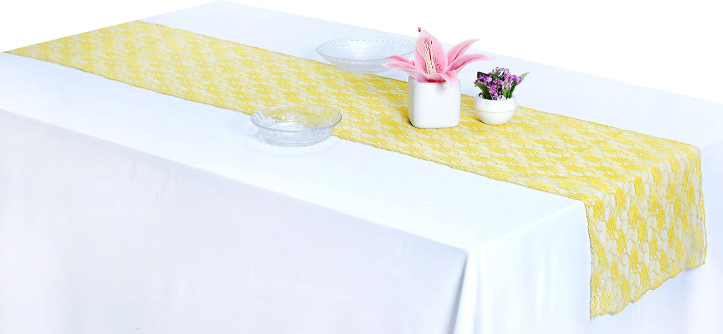 MDS Pack of 15 Wedding 12 x 108 inches Lace Table Runner for Wedding, Decorations for Birthday Parties, Banquets, Graduations, Engagements, and Runners fit Rectangle, Round Table- Yellow