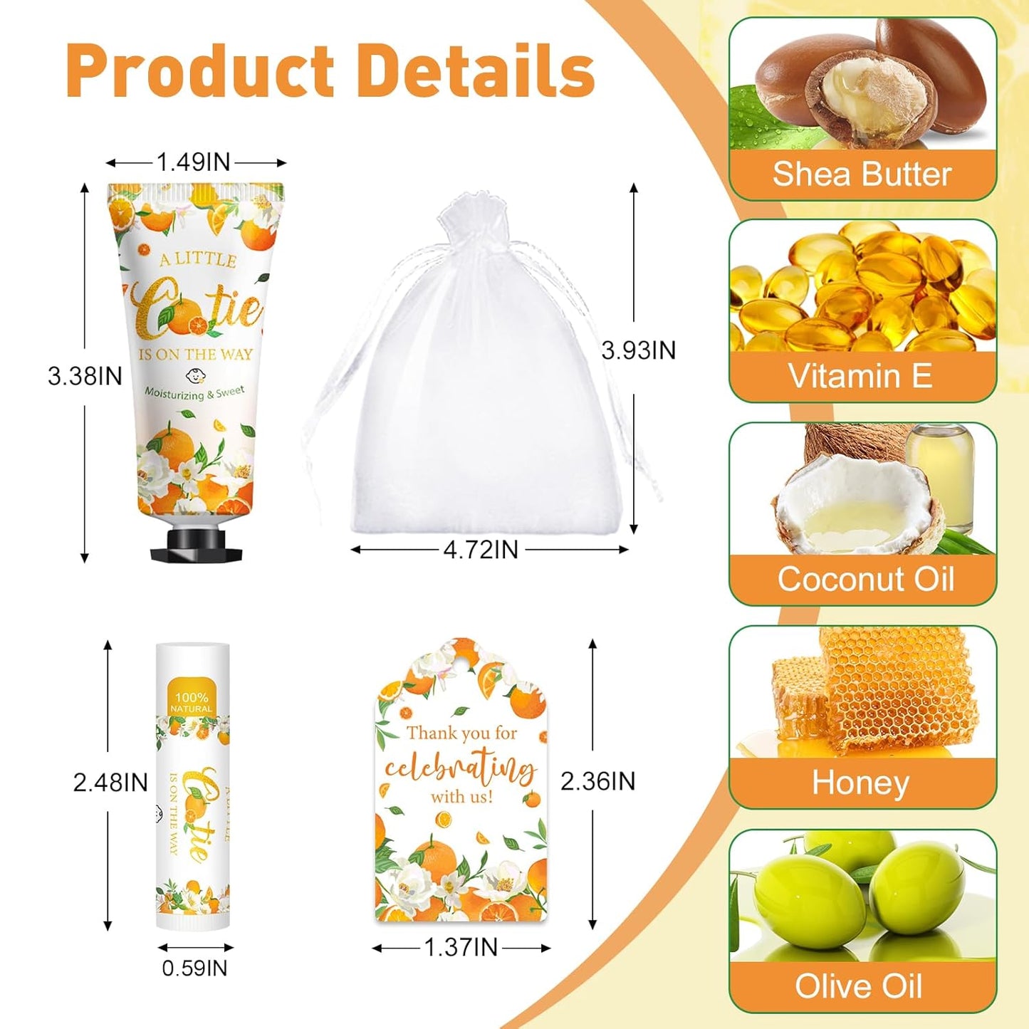 50 Pack Bulk Hand Cream and Bulk Lip Balm Gifts Sets, Bridal Shower Favors and Baby Shower Favors for Guests with Thank You Card and Organza Gift Bags, Appreciation Gifts, Baby Shower Prizes (Orange)