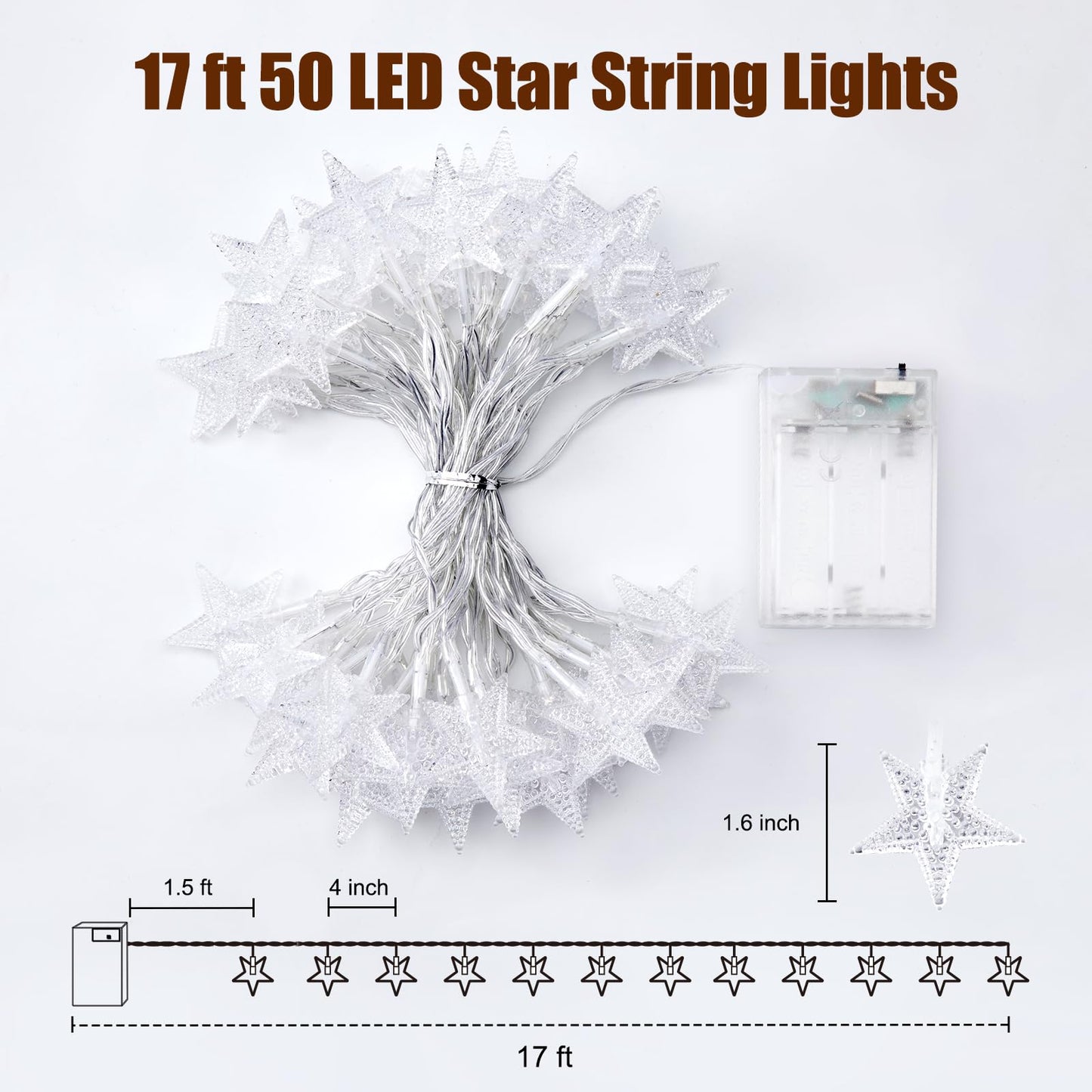Minetom Star String Lights Battery Operated - 17 ft 50 LED Star Fairy String Lights with Timer