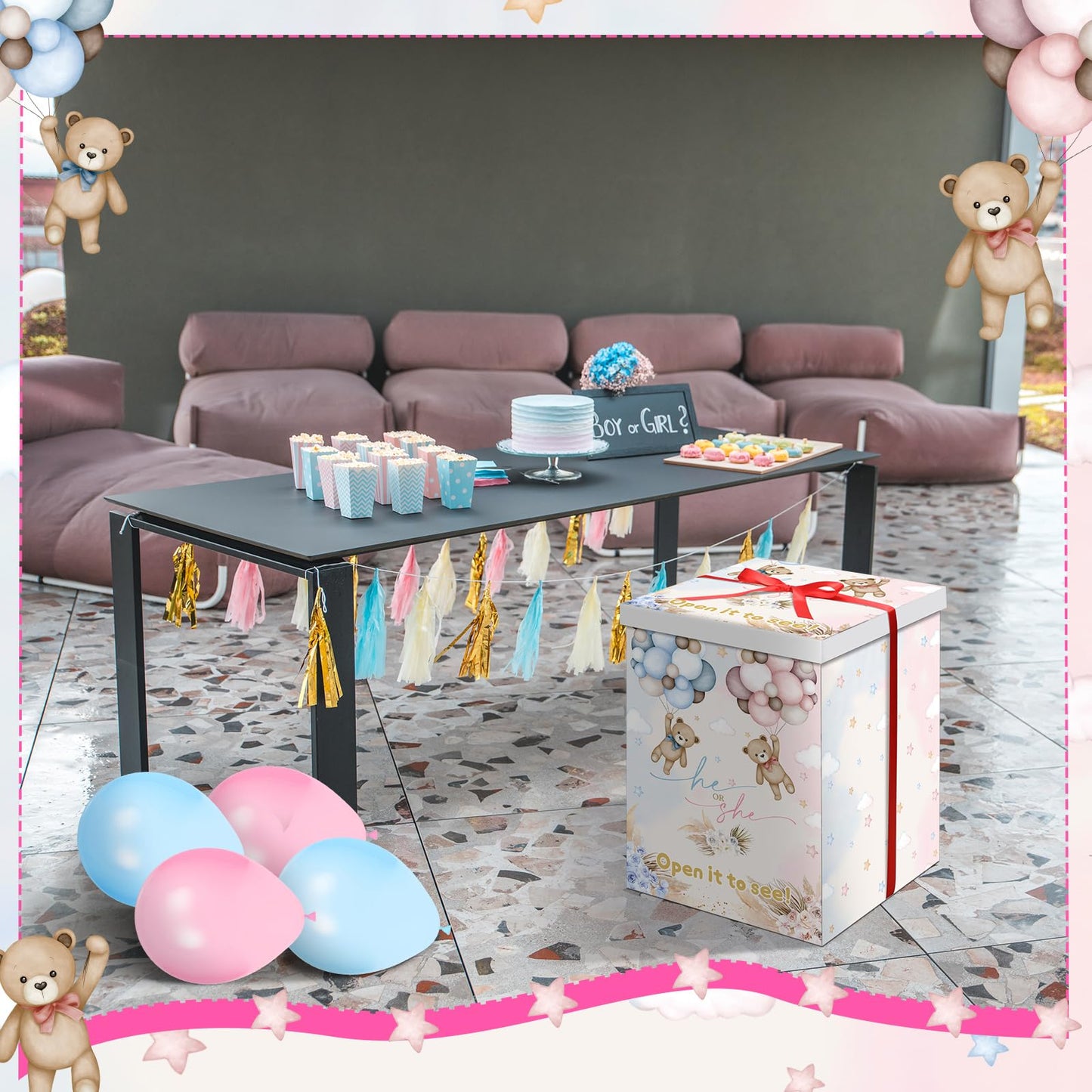 Hungdao Gender Reveal Balloon Box with Ribbon and 10 Pink and Blue Balloons Gender Reveal Games He
