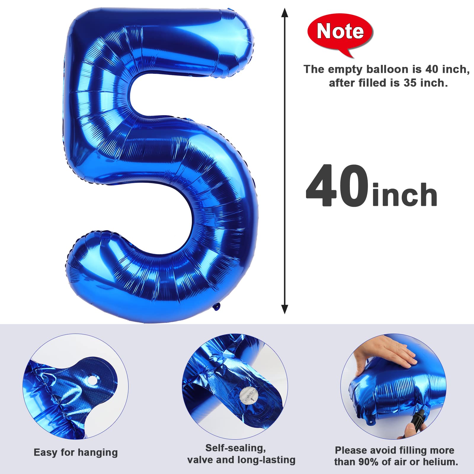 Number Balloons 5 Balloon Blue Birthday Decorations for Men Party, 40 Inch