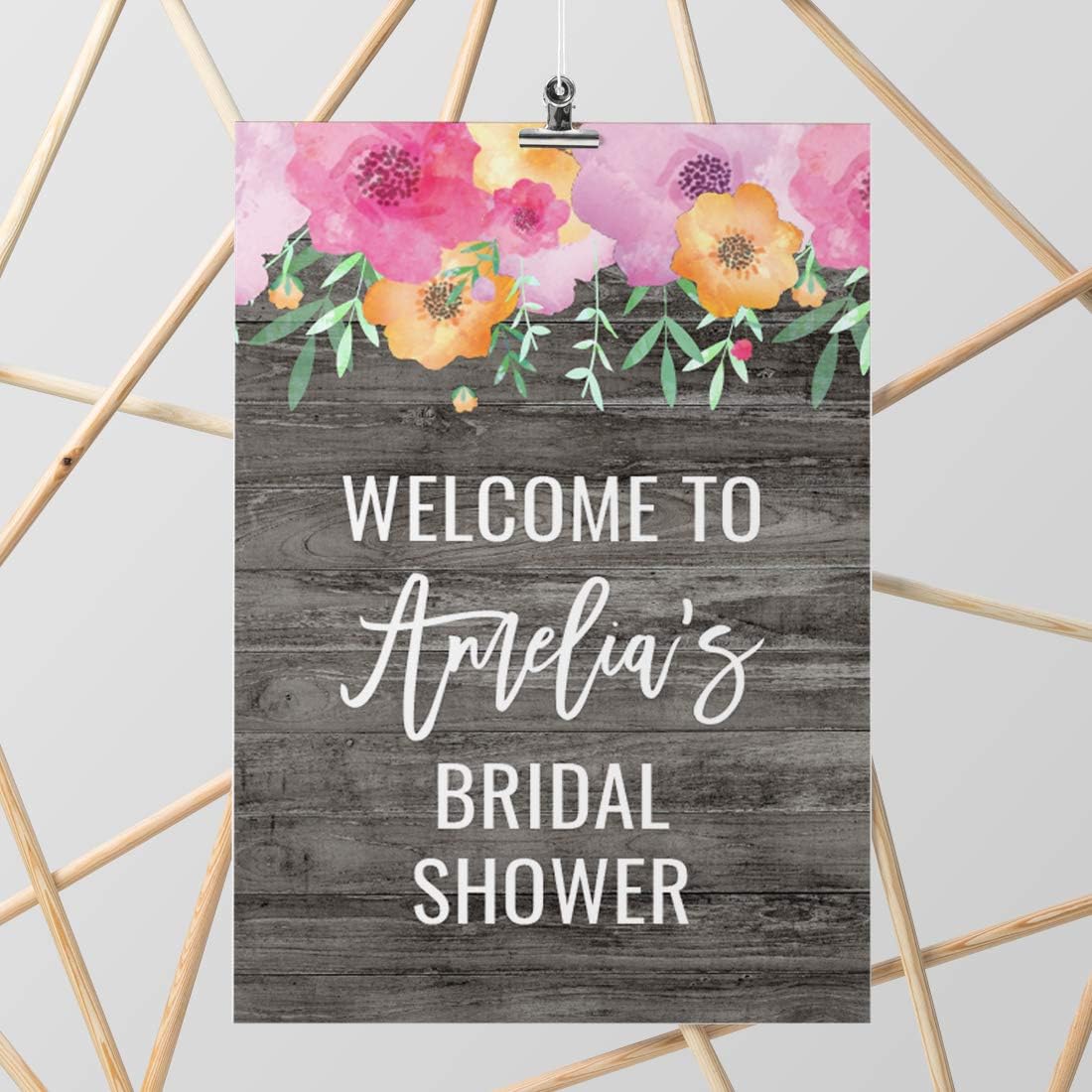 Andaz Press Personalized Extra Large Wedding Easel Board Party Sign, 12x18-inch, Pink Floral Flowers on Gray Rustic Wood, Your Text Here, 1-Pack, Custom