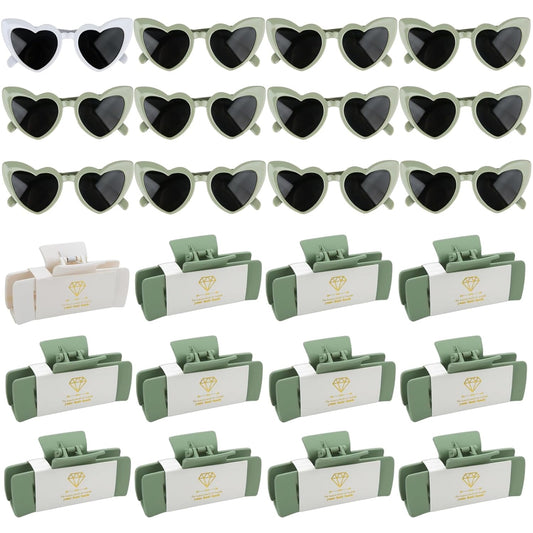 24pcs Bridesmaid Proposal Gifts 4.1inch Bachelorette Matte hair Claw Clip Sunglasses set of 12 Girls Trendy Cute Hair Clips for Wedding Party Favors(White&Sage Green 24pcs)