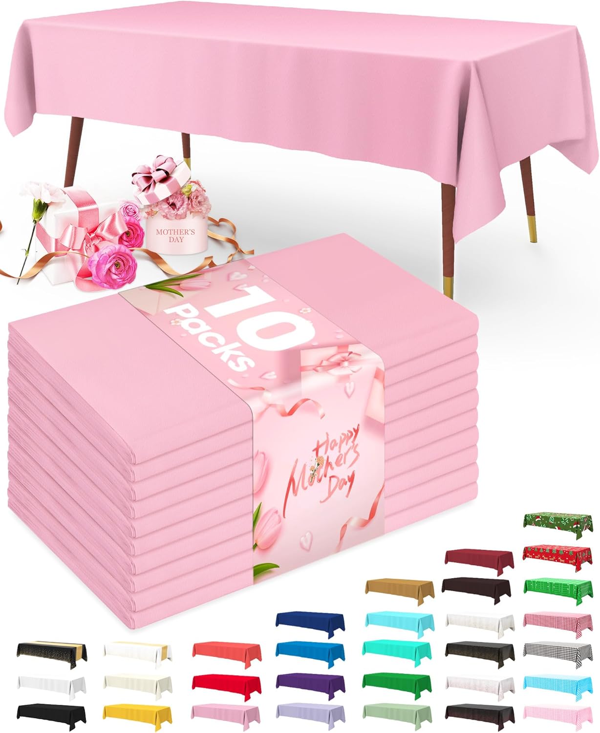 Pureegg Plastic Table Cloth Disposable 10 Pack, 54 x 108 Inch Table Cloths, Easter Party, Valentines, Mothers Day Decorations, Tablecloths, Rectangle, Pastel Plastic Cover, Leakproof & Sturdy, Pink